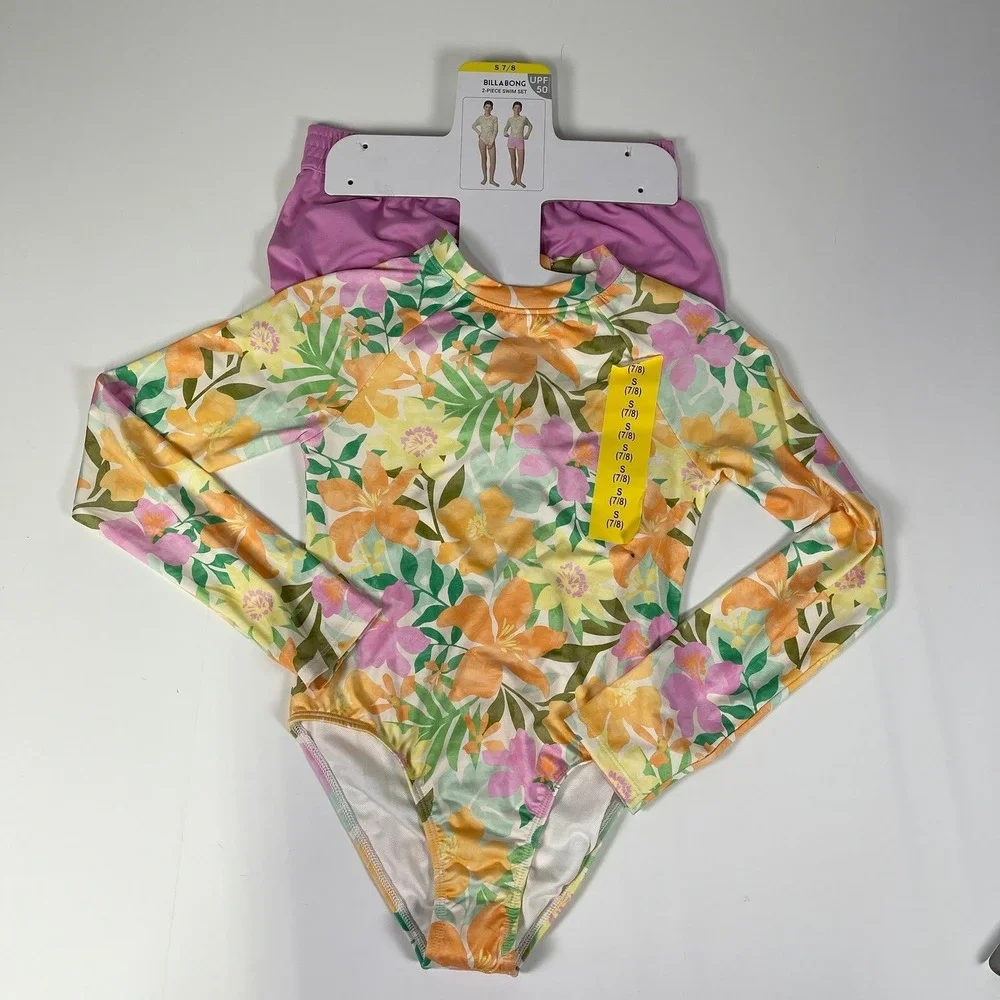 Billabong Kids Girls 2-Piece Swim Set Floral Long Sleeve Rashguard Shorts S 7/8
